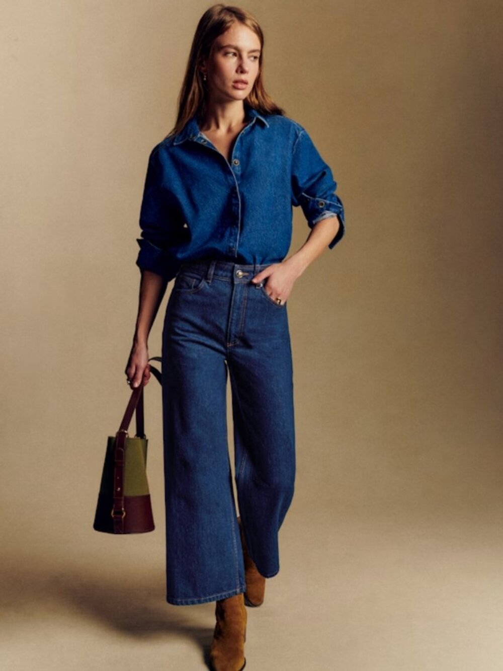 Sezane Le Crop High Rise Wide Leg Jeans Women's Size 4 Indigo Wash Denim